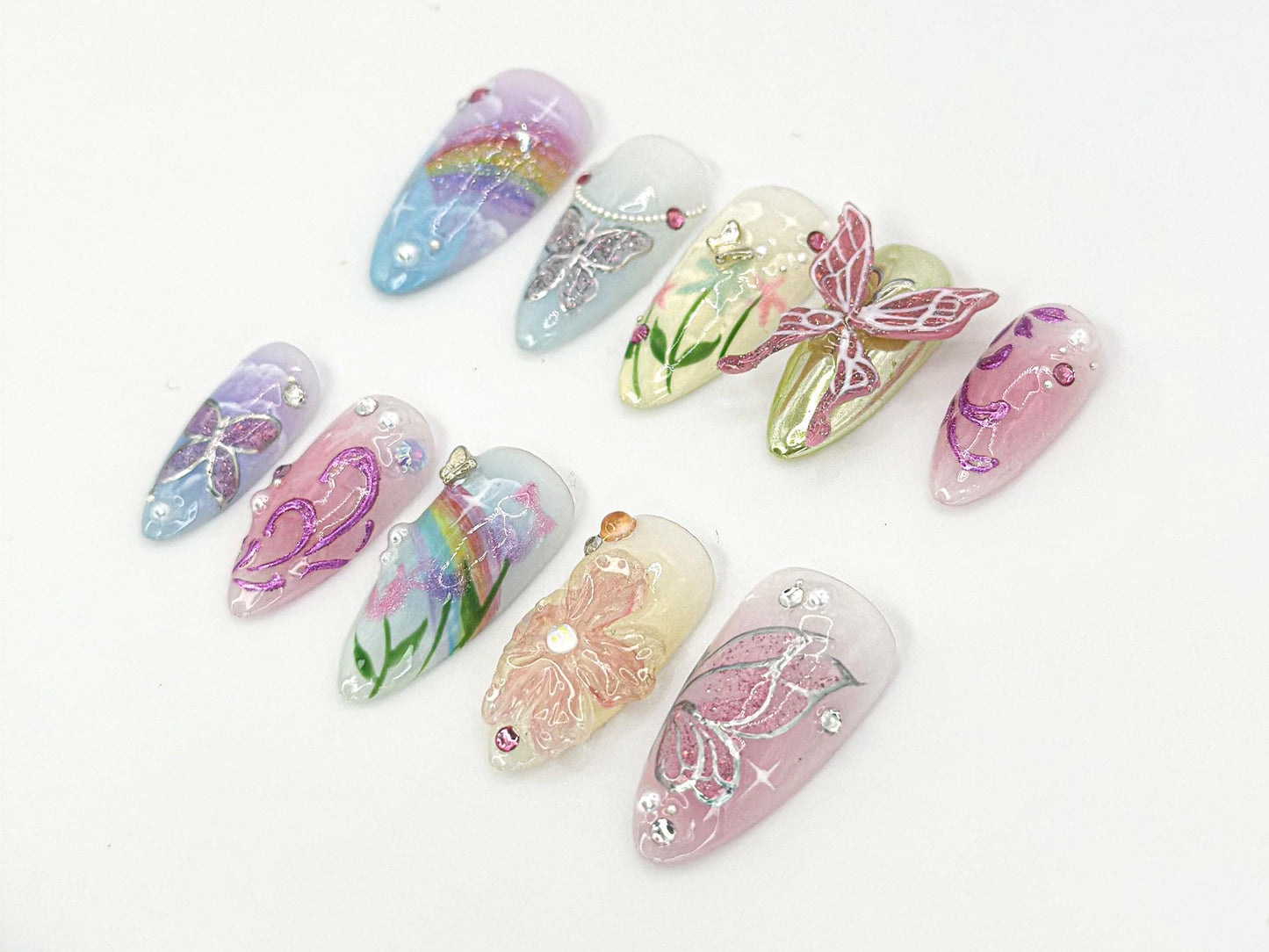 Whimsical 3D Butterfly Press-On Nails, Rainbow Set