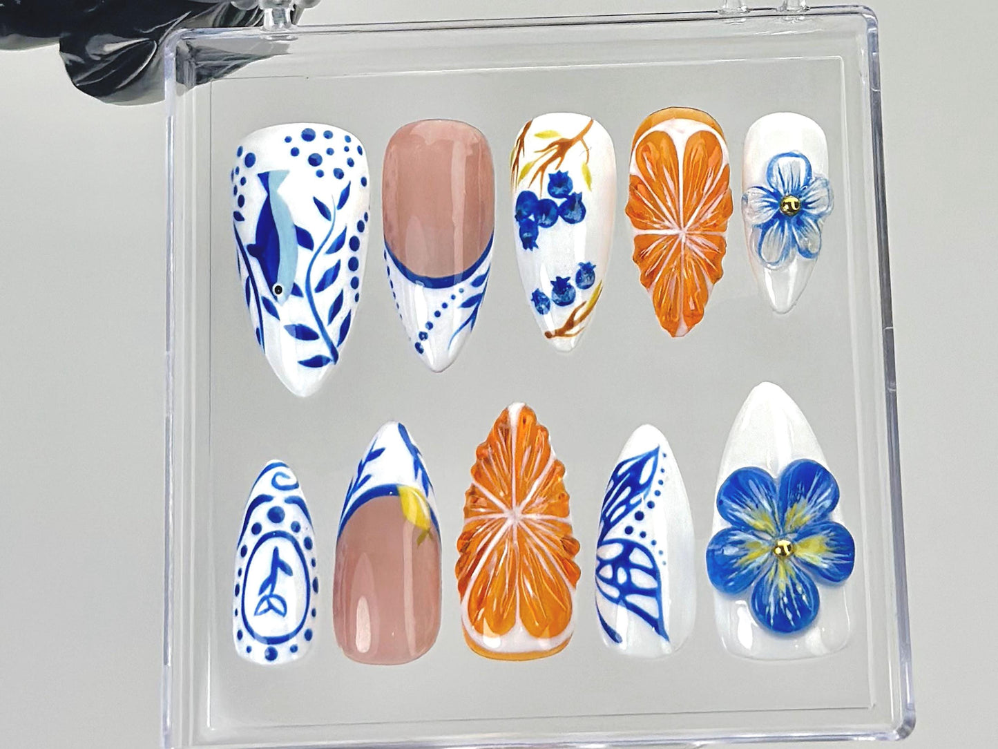 Vivid Floral Orange Blue Press-On Nail Set.