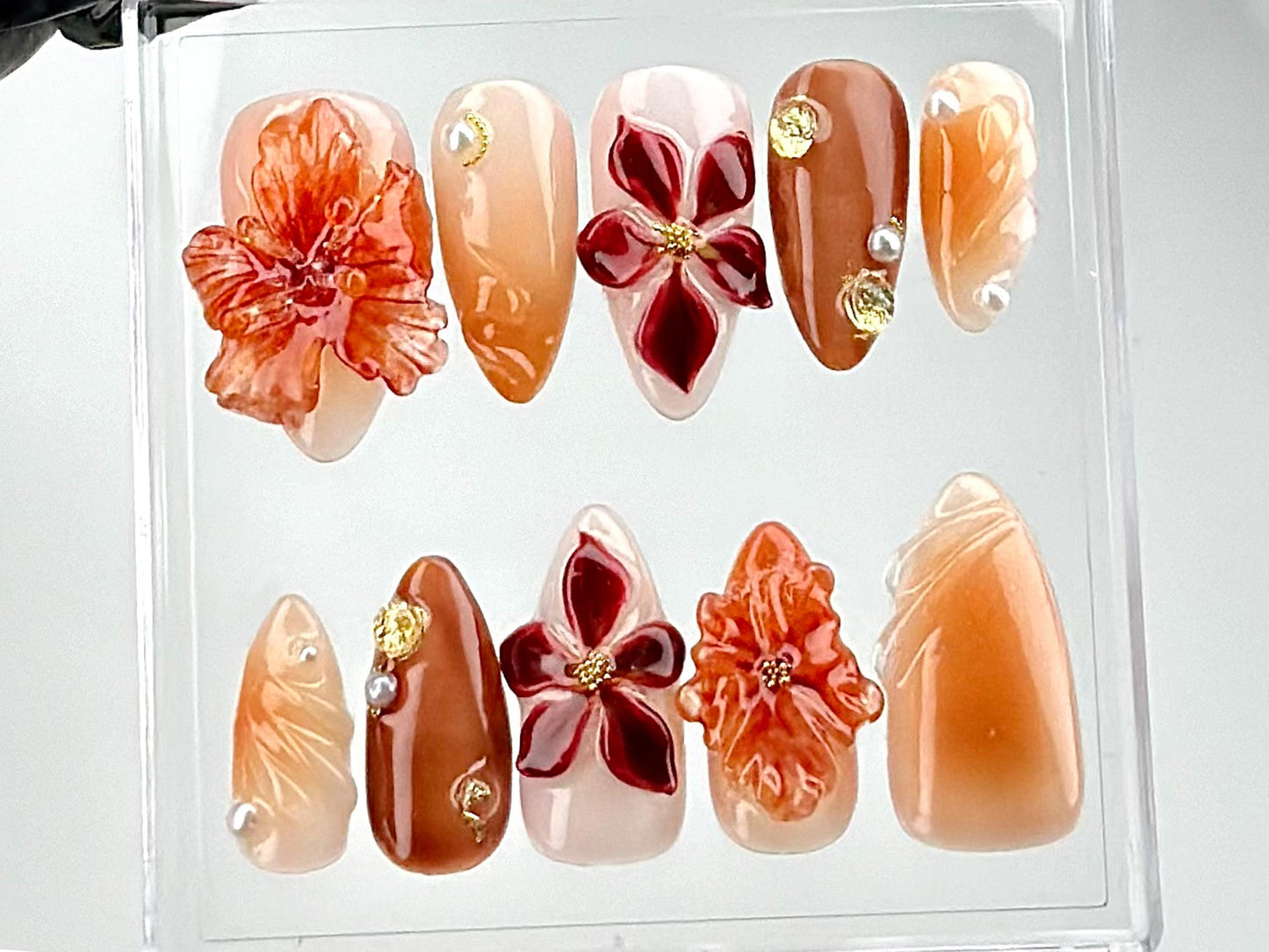 Burnt Coral Bloom 3D Press On Nail Set