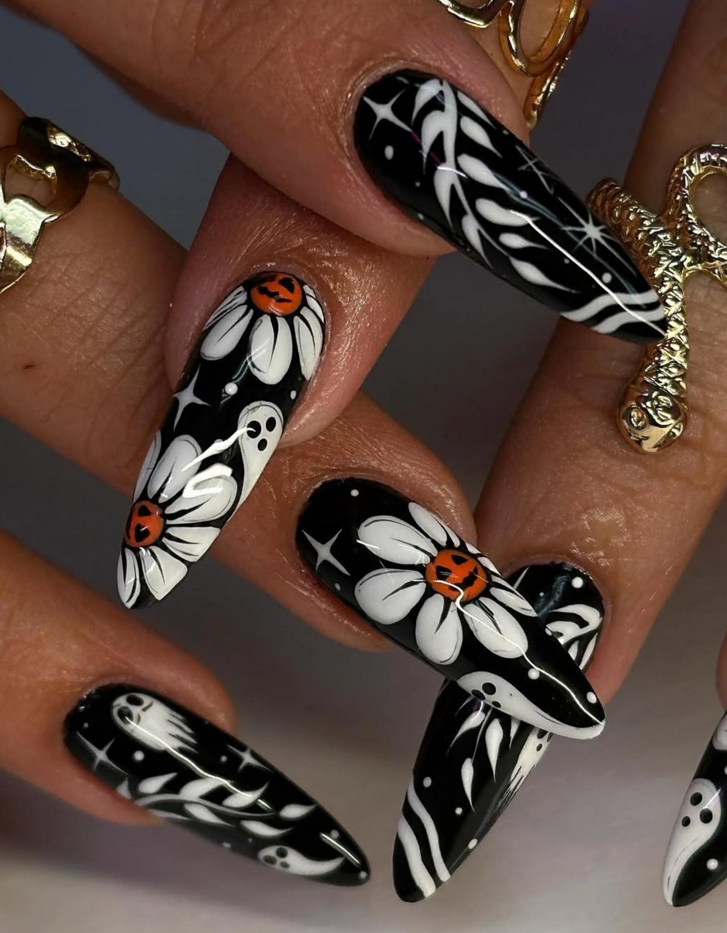 Halloween Gothic Floral Press-On Nails with Pumpkins and Ghost Details