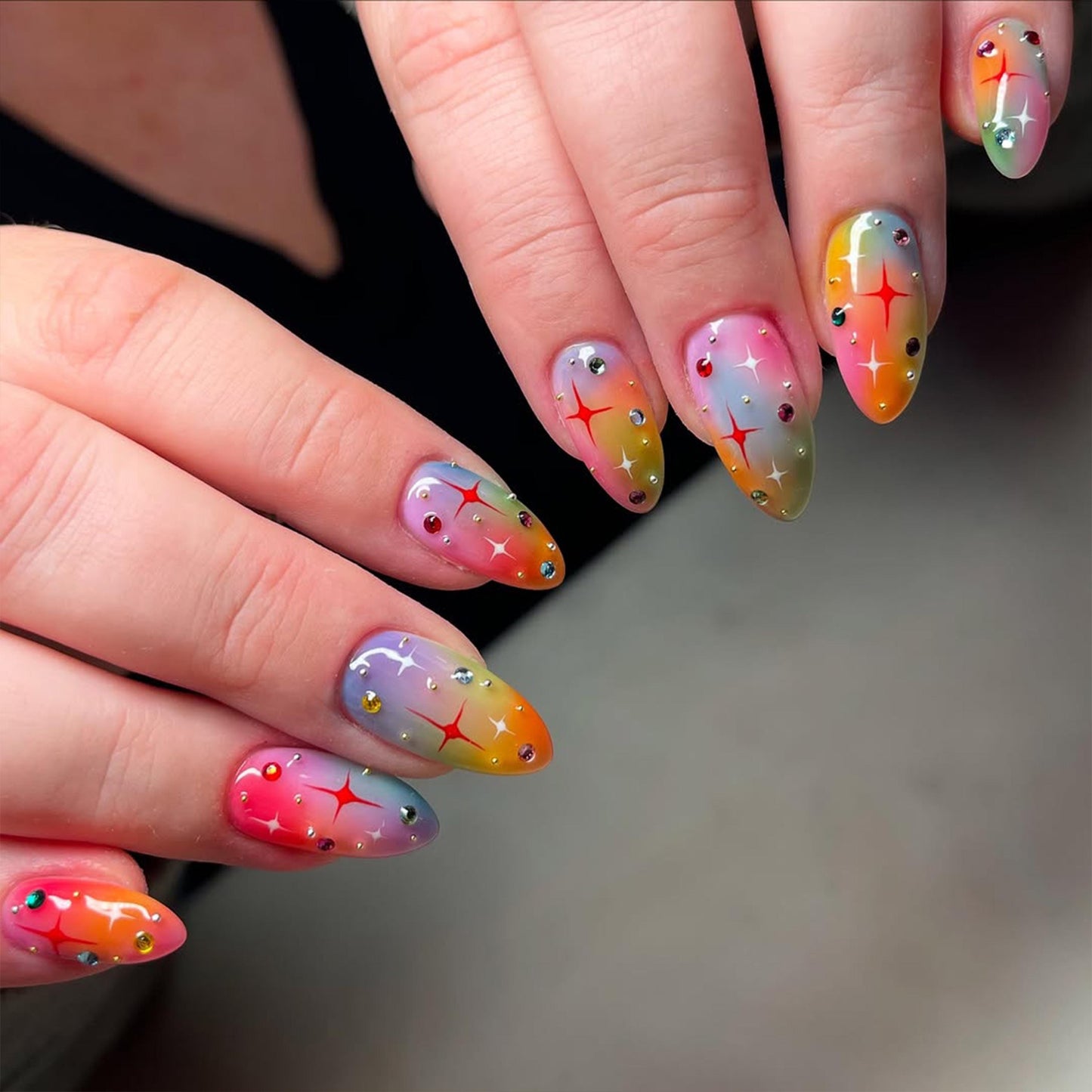 Rainbow Sparkle Press-On Nails with Dazzling Charm.