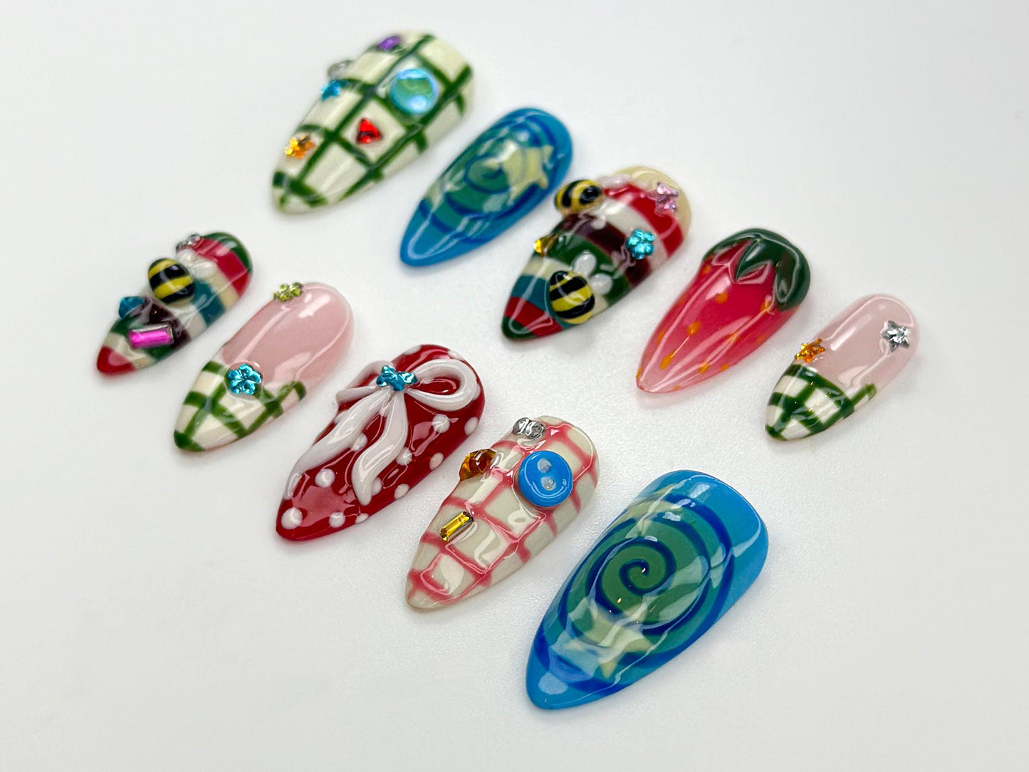 Vibrant 3D Nail Art Set - Unique Handcrafted Designs