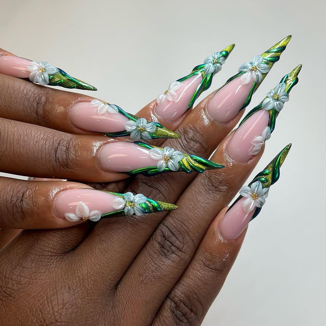 Emerald Floral Press On Nails - Floral Green Chrome Stiletto Press On