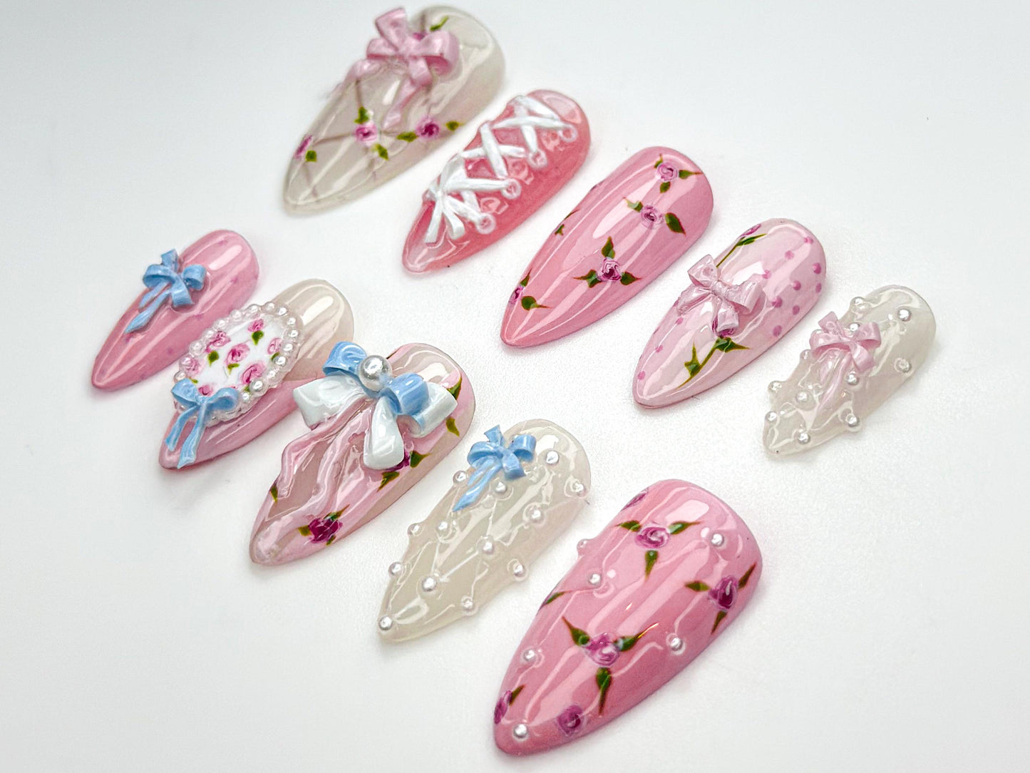 Chic Pink Floral Bow Nail Art Set