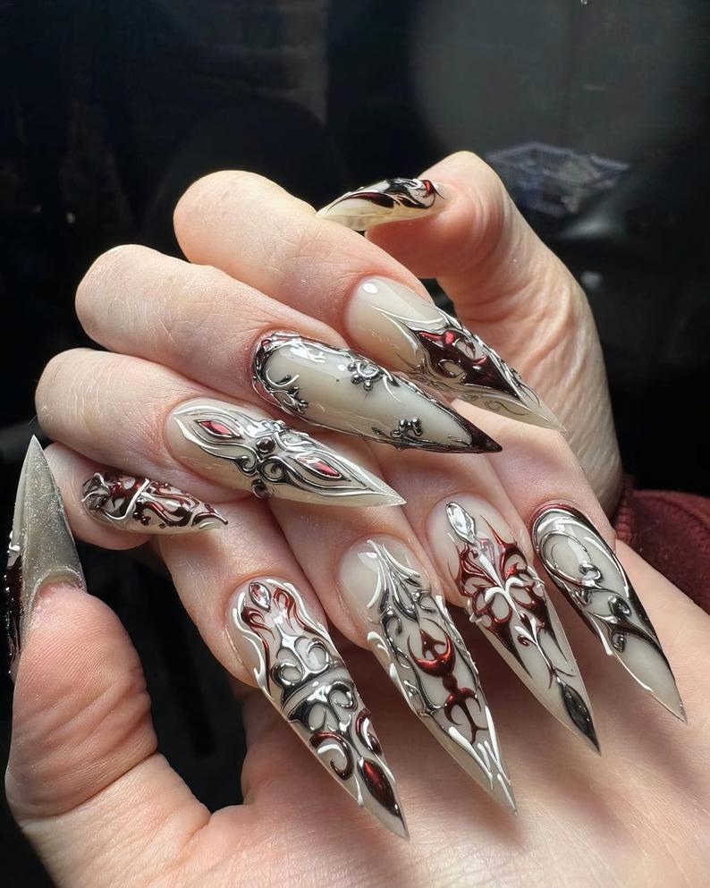 Gothic Chrome Flame Stiletto Press On Nails