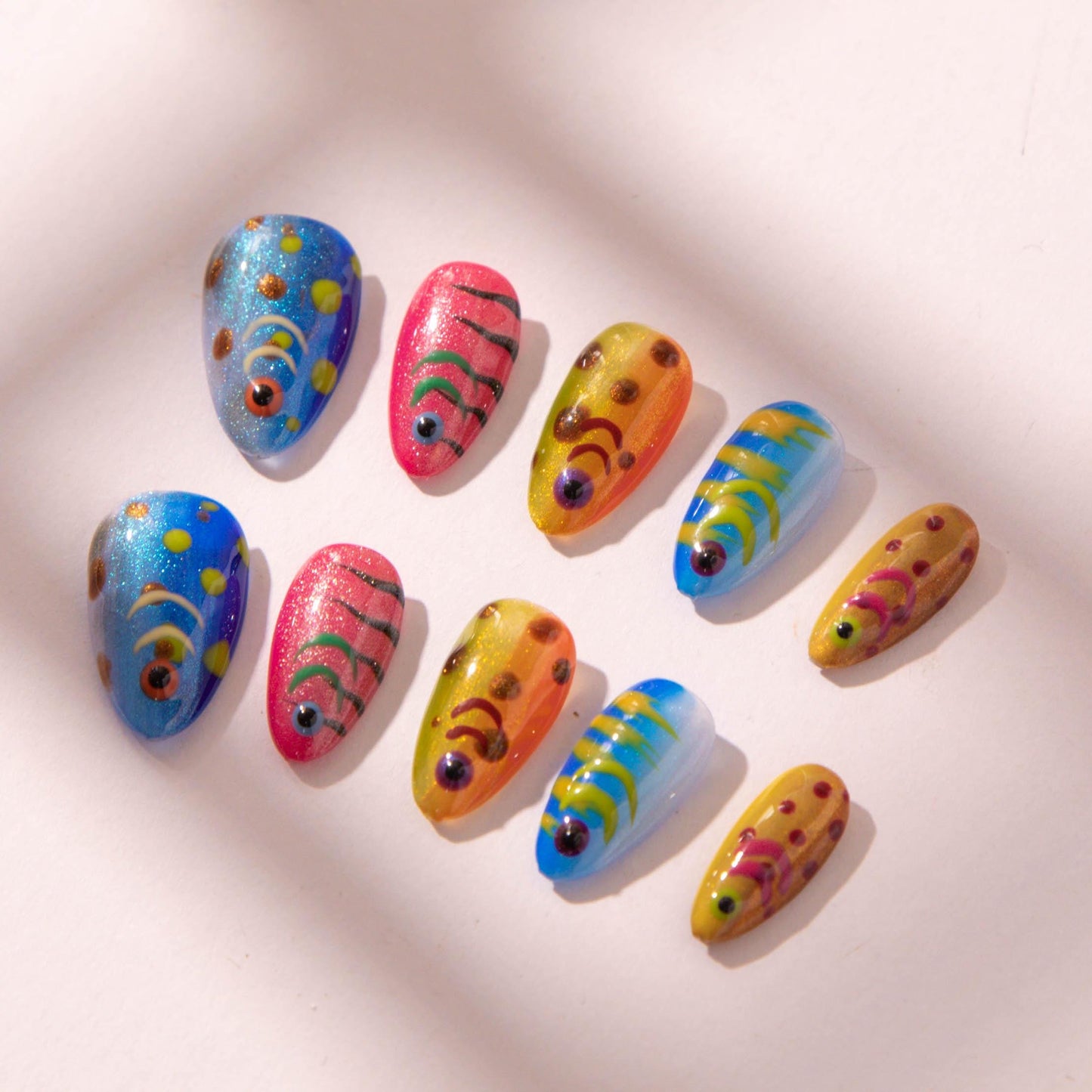 Handmade Shiny and Colorful Small Fish Press-On Nails.