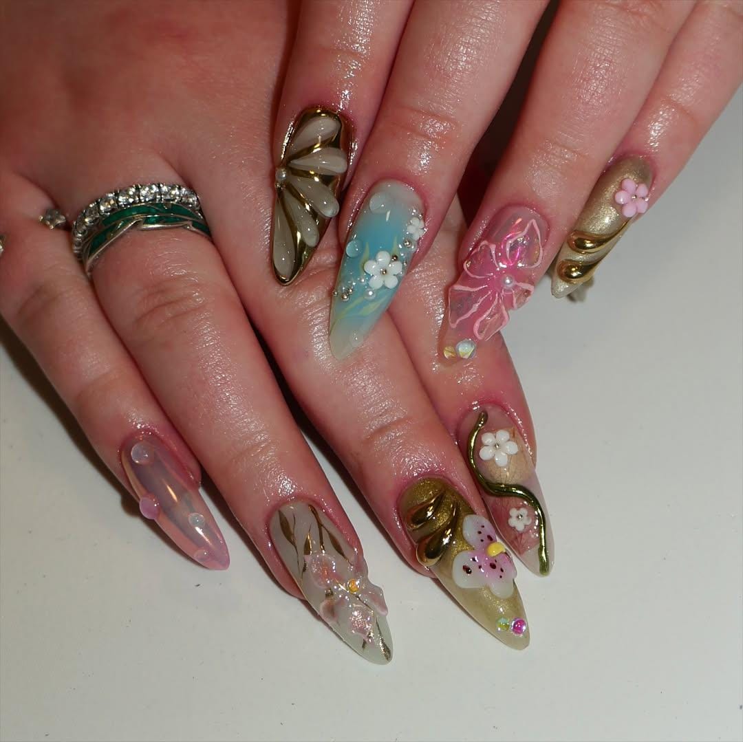 3D Floral Fantasy Press-On Nails with Enchanted Charm.