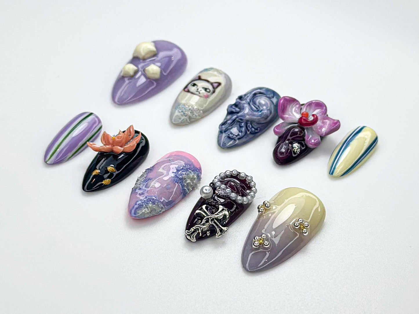 Whimsical Violet Press On Nails with Cat Art