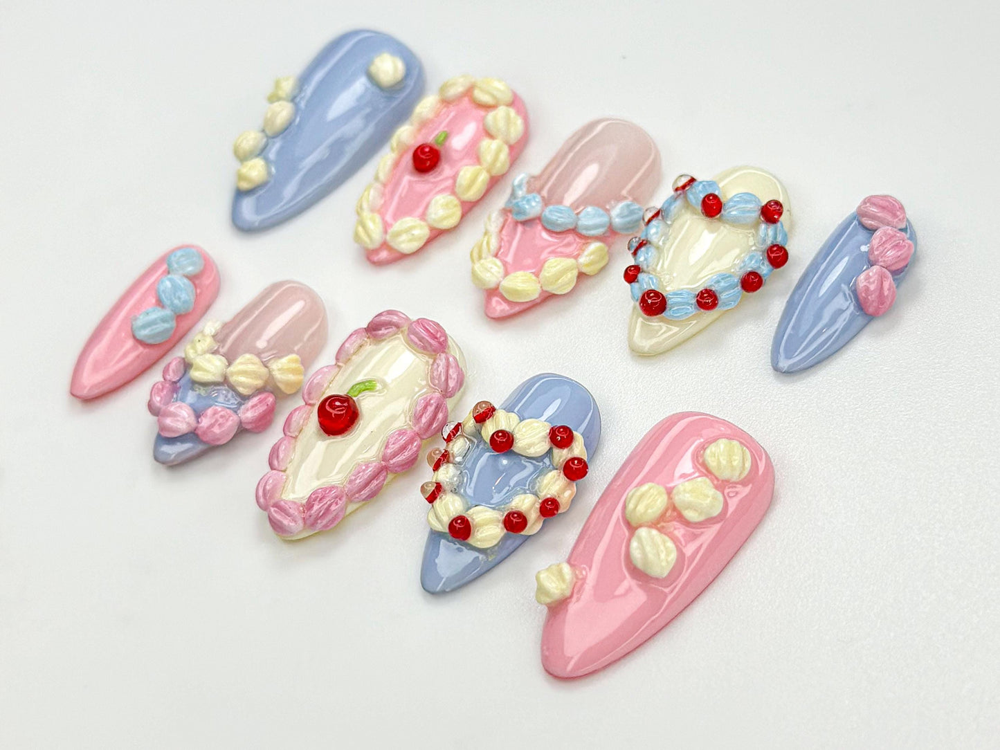 Sweet Creamy Press-On Nails with Heart and Cherry.