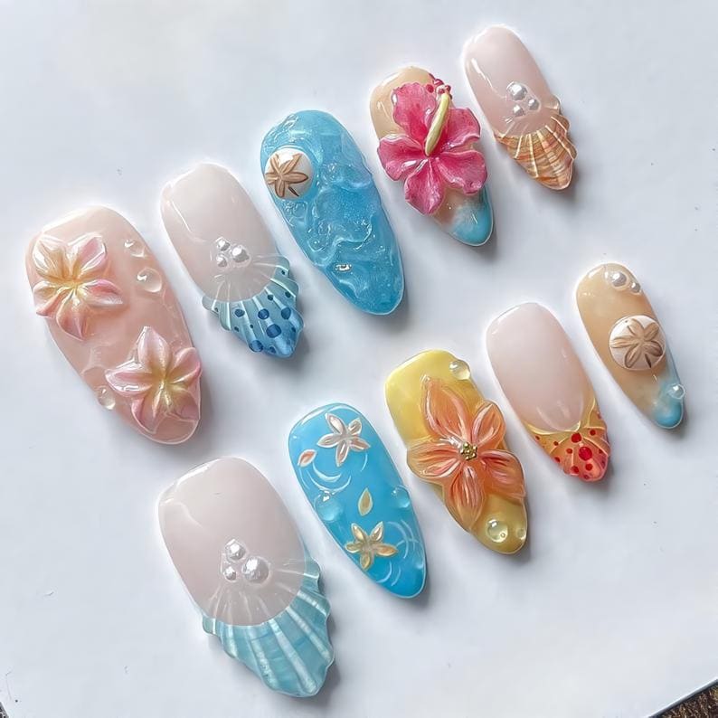 Tropical Beach Press On Nails 3D Floral Set