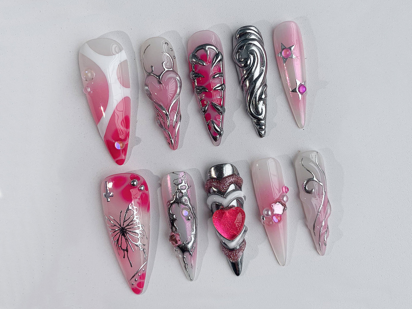 Bold 3D Heart Press-On Nails, Pink Glam Set