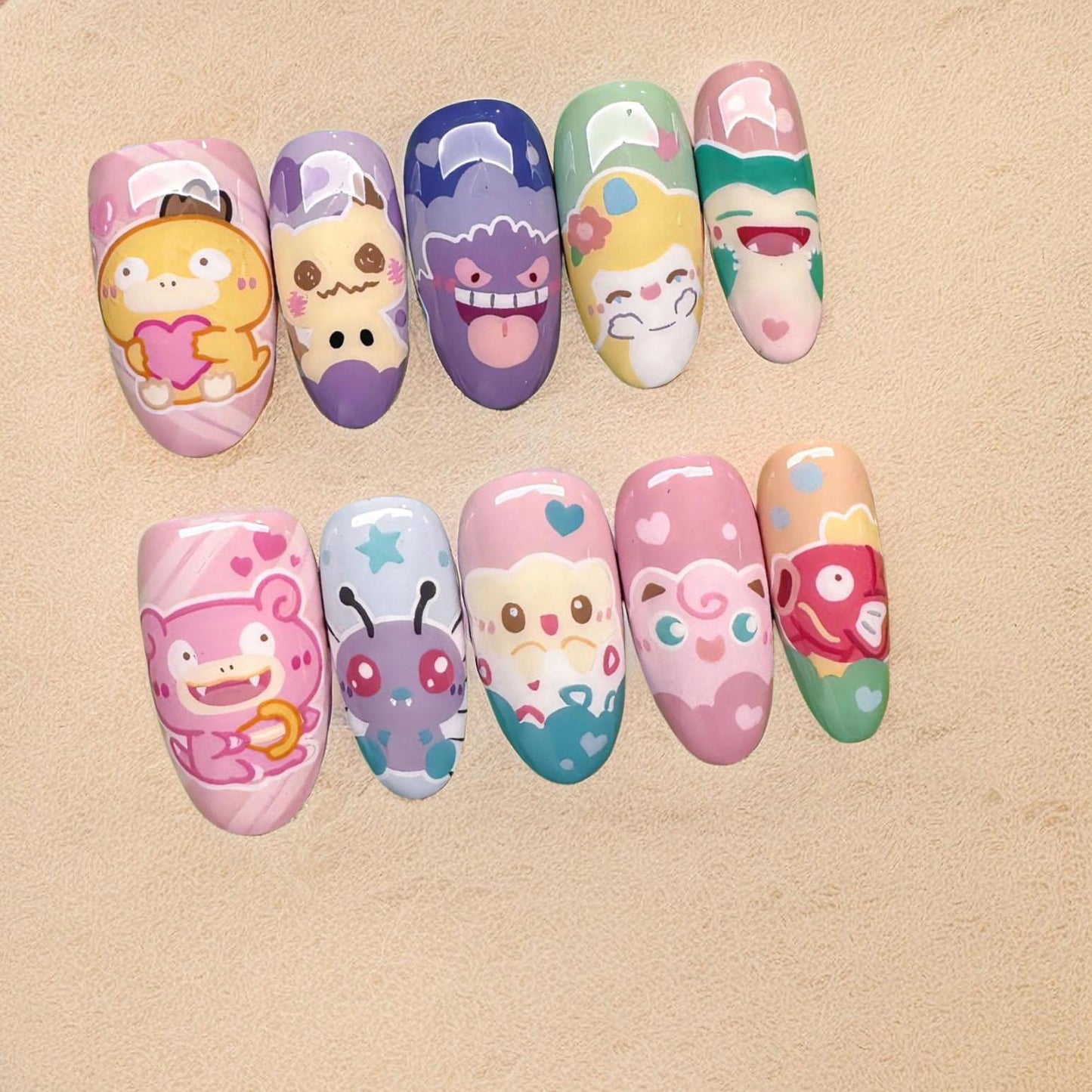 Colorful Kawaii Character Press On Nails with Pastel Design