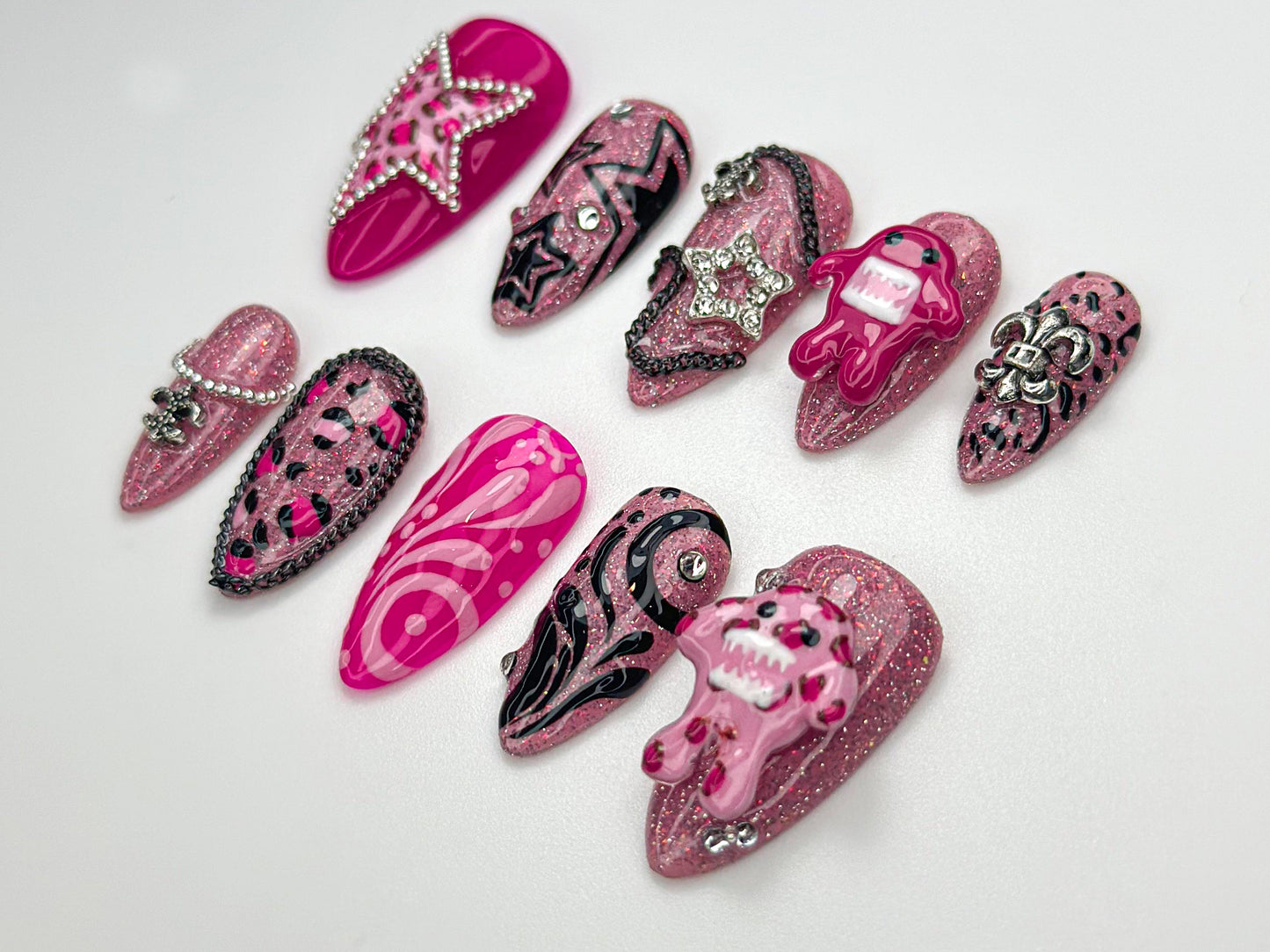 Pink Monster Glitter Y2K Press-On Nails