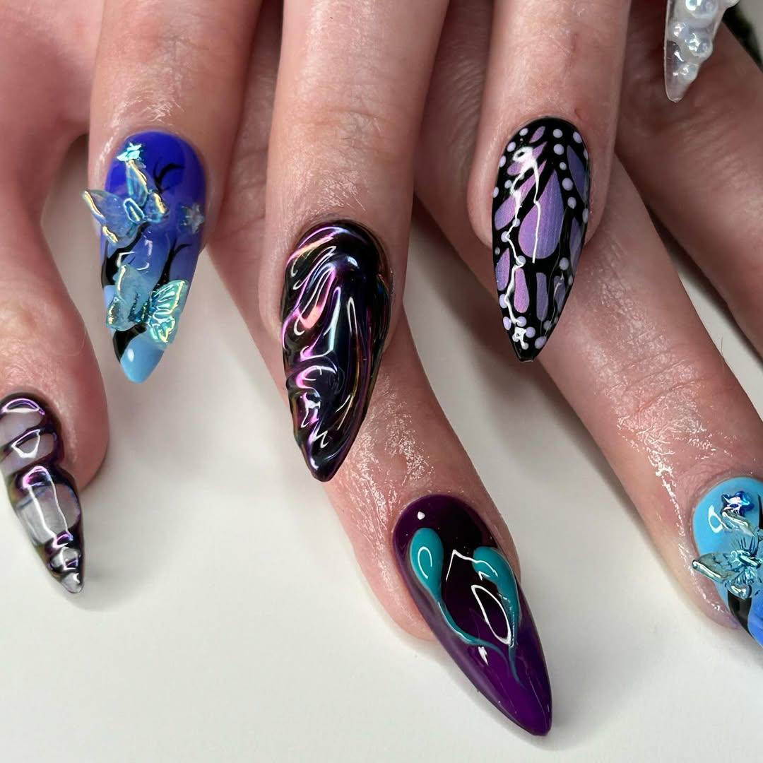 Galaxy Butterfly Chrome 3D Press On Nails
