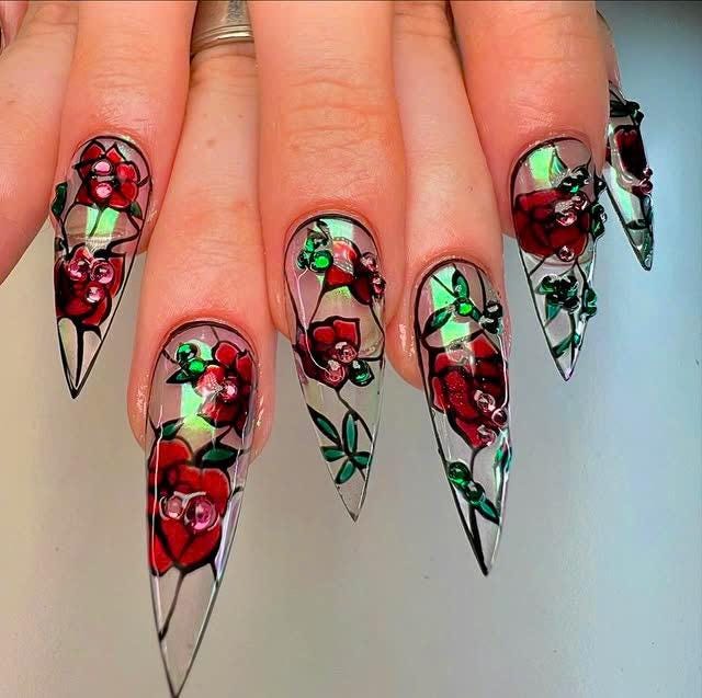 Stained Glass Rose Press On Nails, Gothic Red Floral Nails