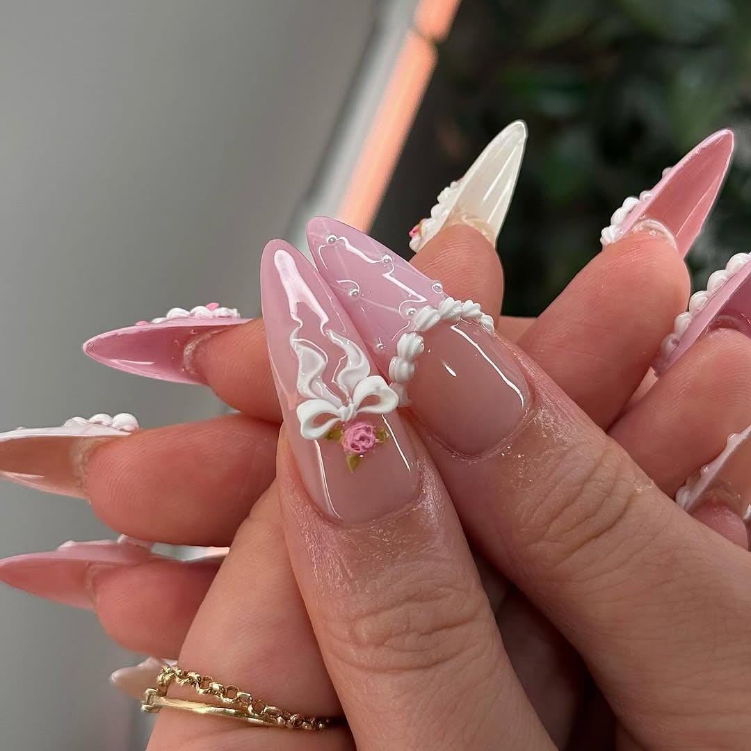 Vintage Rose Icing 3D Bridal Press On Nails