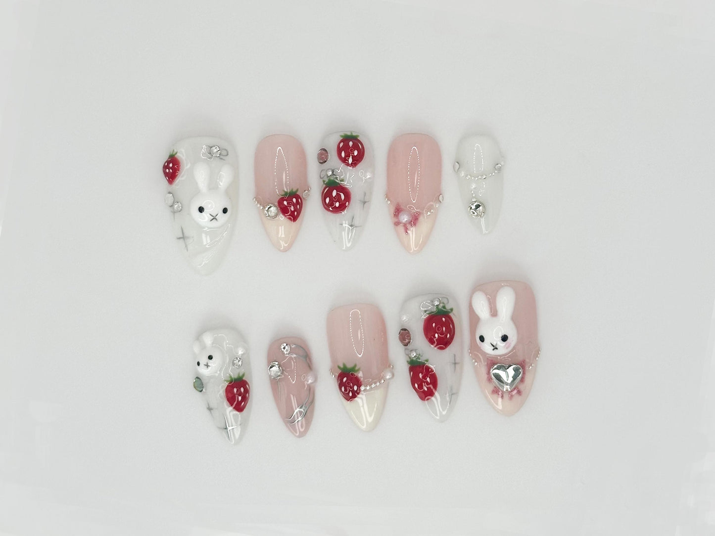 Adorable Bunny Strawberry Press-On Nail Set.