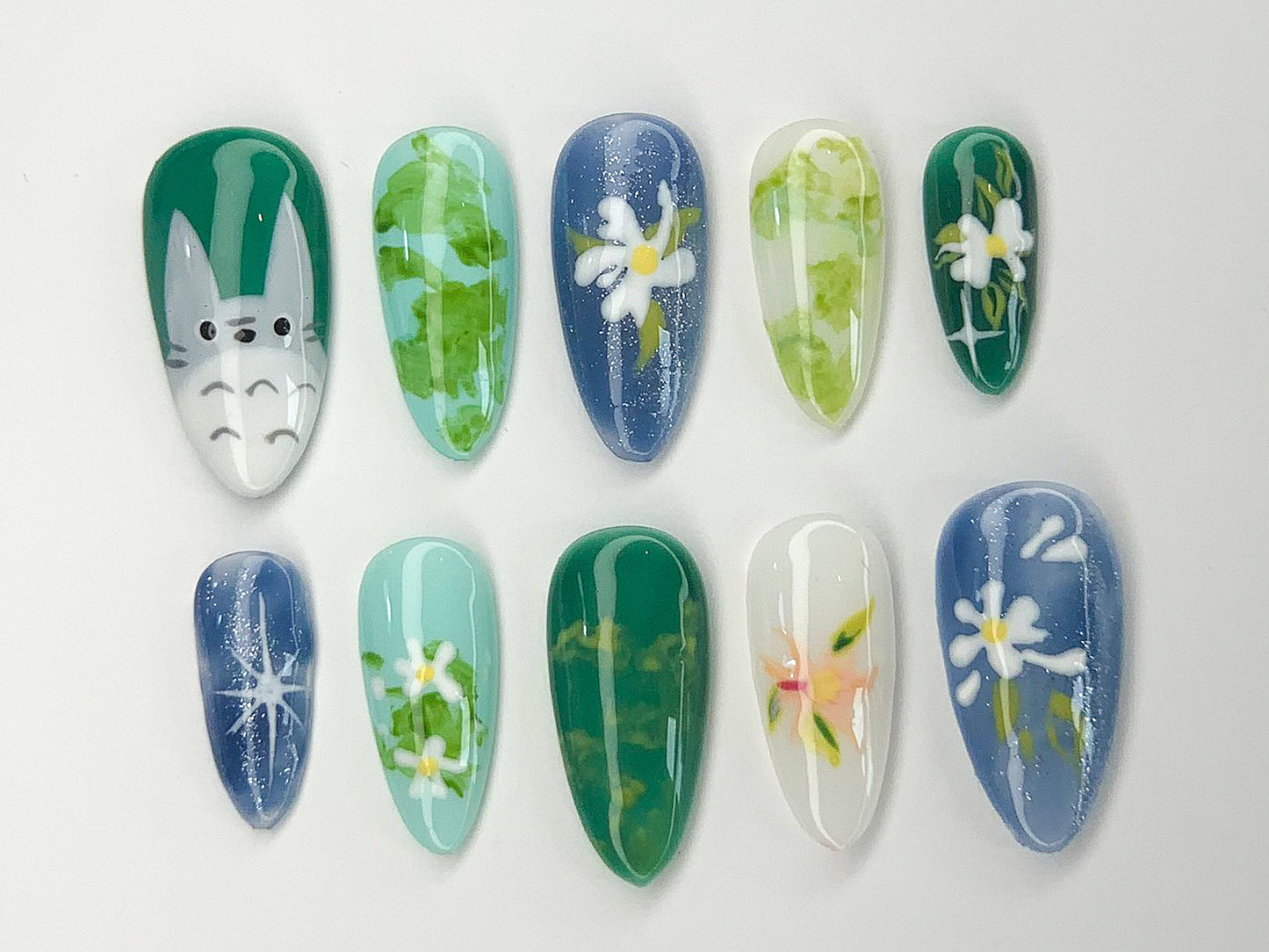 Whimsical 3D Floral Press-On Nails, Totoro Set
