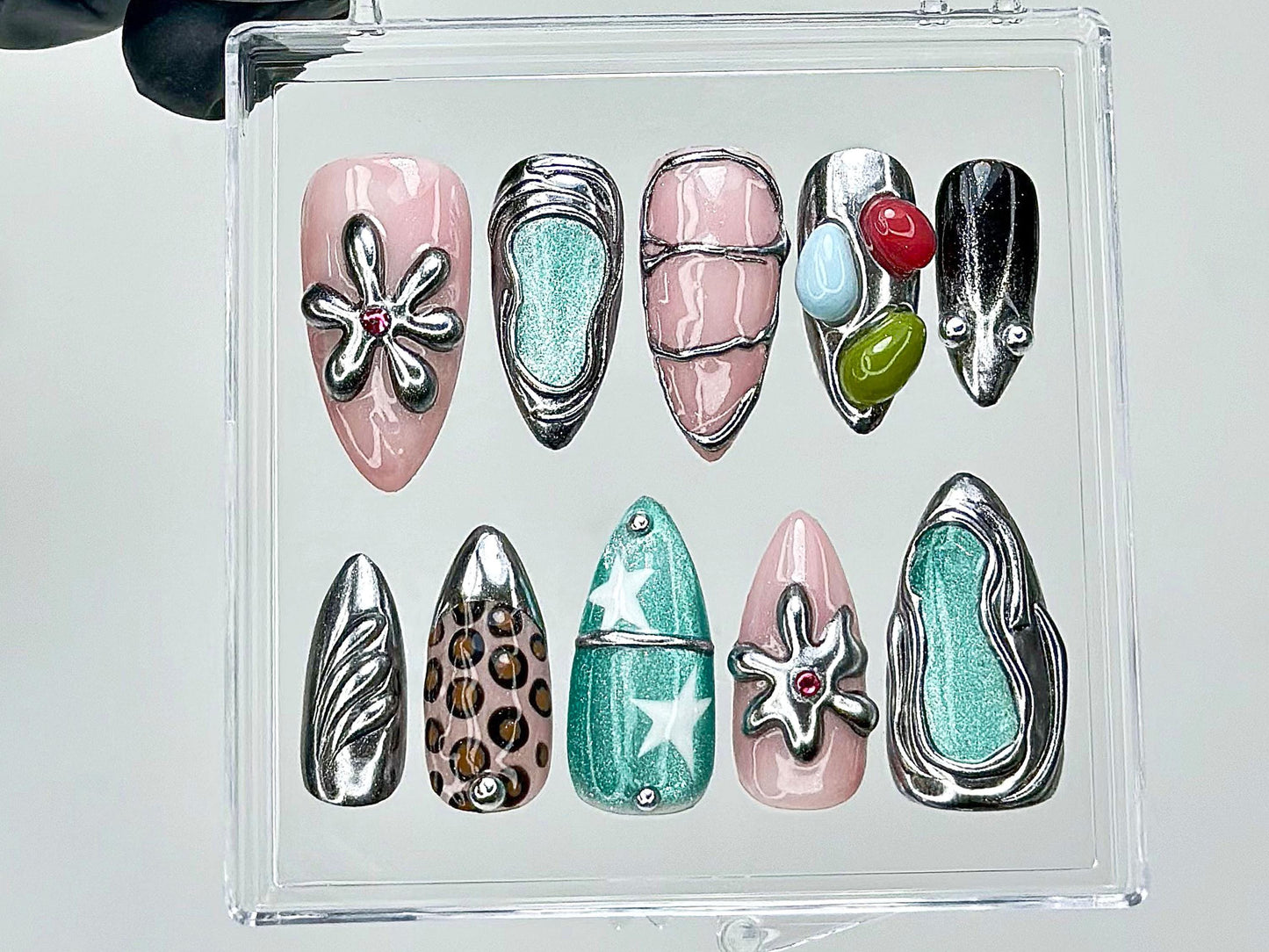 Bold Metallic Floral Press-On Nails Set