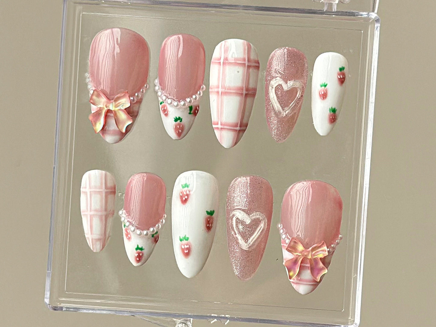 Cute Strawberry Pink Plaid Nail Set.