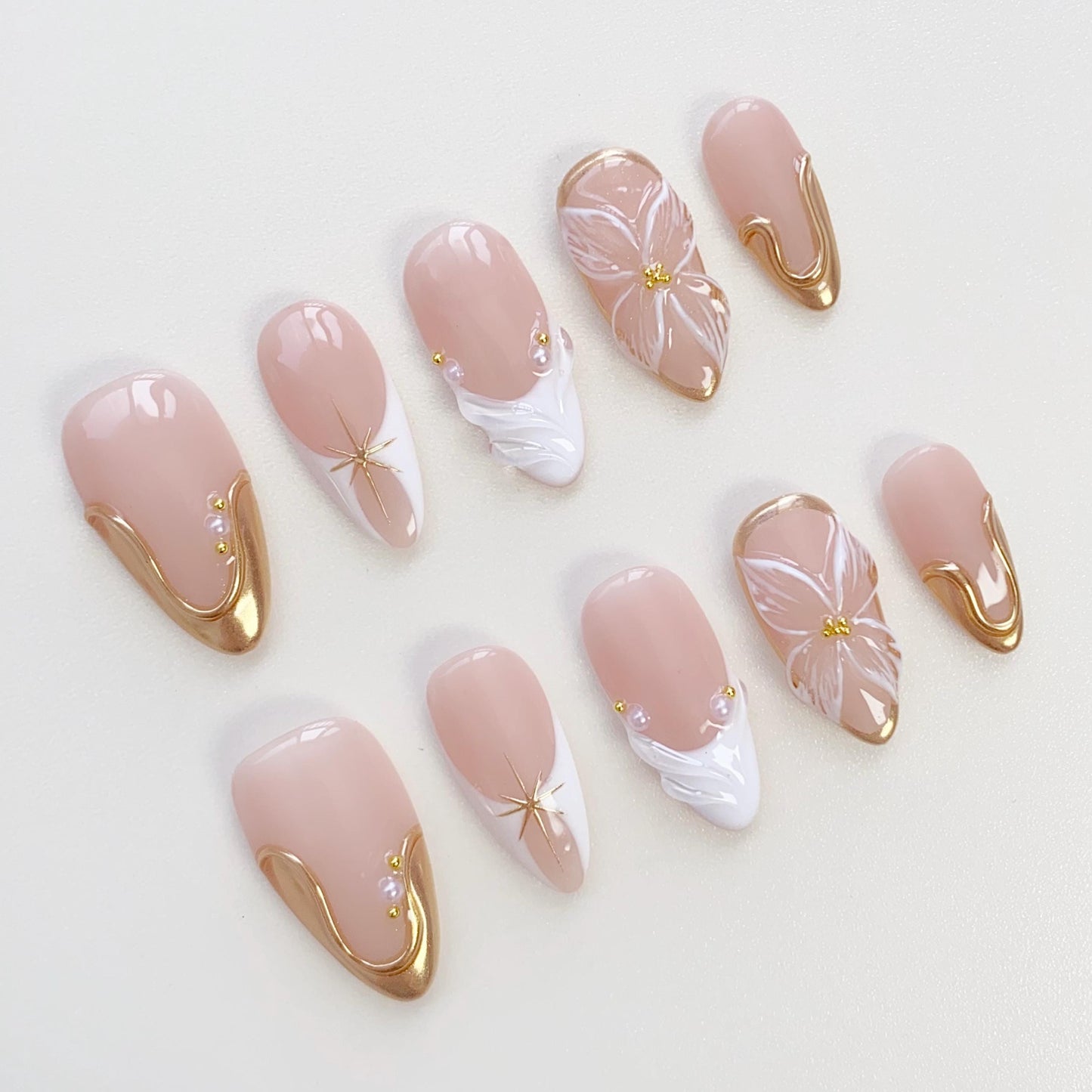 Bloom Flower White French Press On Nails – 3D Floral & Gold Accent Design