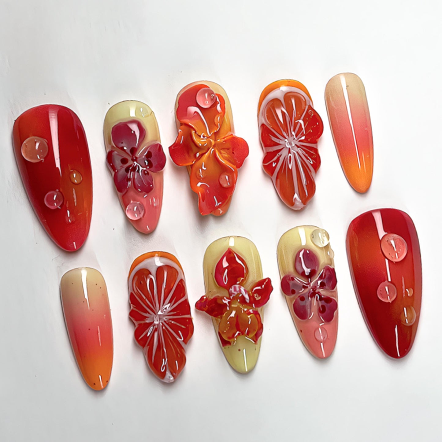 Tropical Red Orange 3D Flower Press On Nails