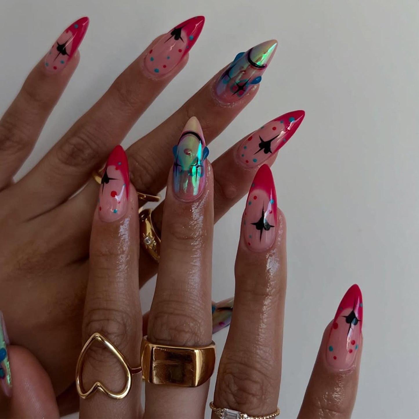 Cosmic Pink Press-On Nails with Holographic Planet and Smile Face
