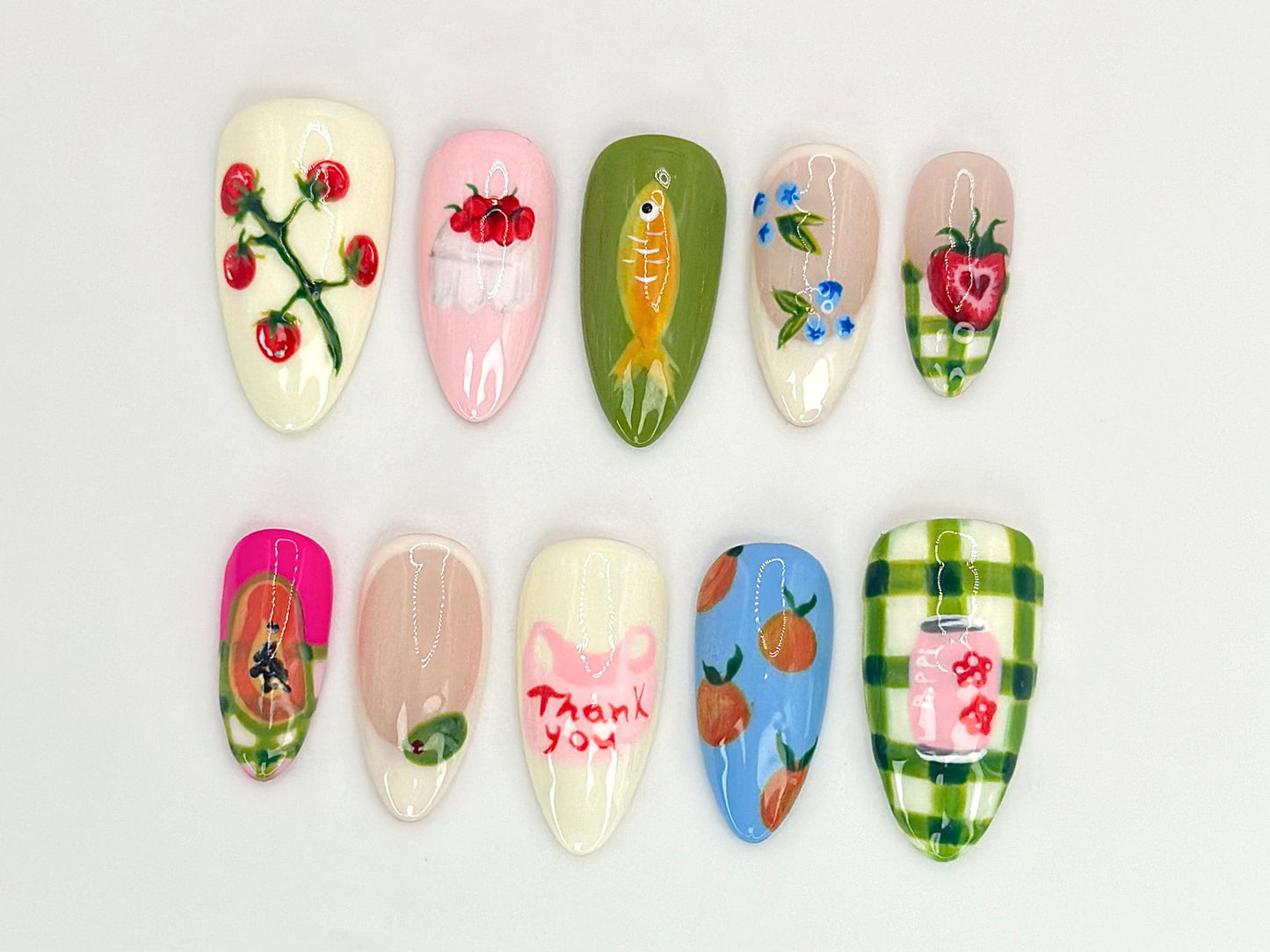 Vibrant Hand-Painted Nail Art Set - Unique Fruit & Floral Designs
