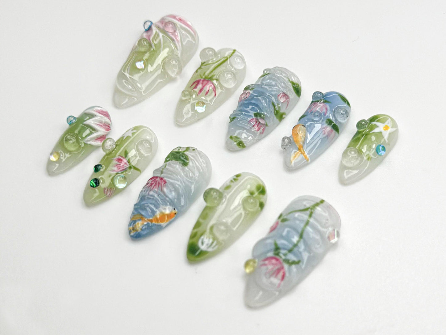 Stunning 3D Floral Fish Press-On Nails
