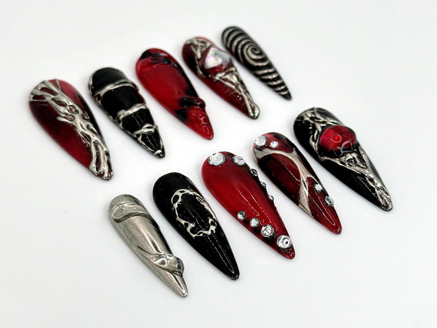 Gothic Red Black Metallic 3D Press-On Nails