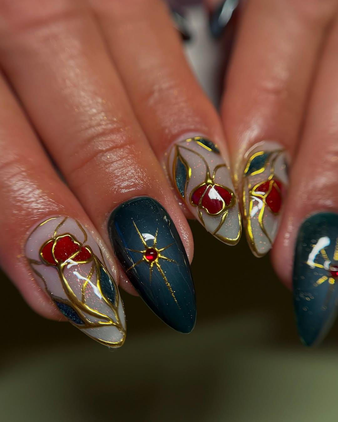 Emerald Green Nails with Gold and Red Roses