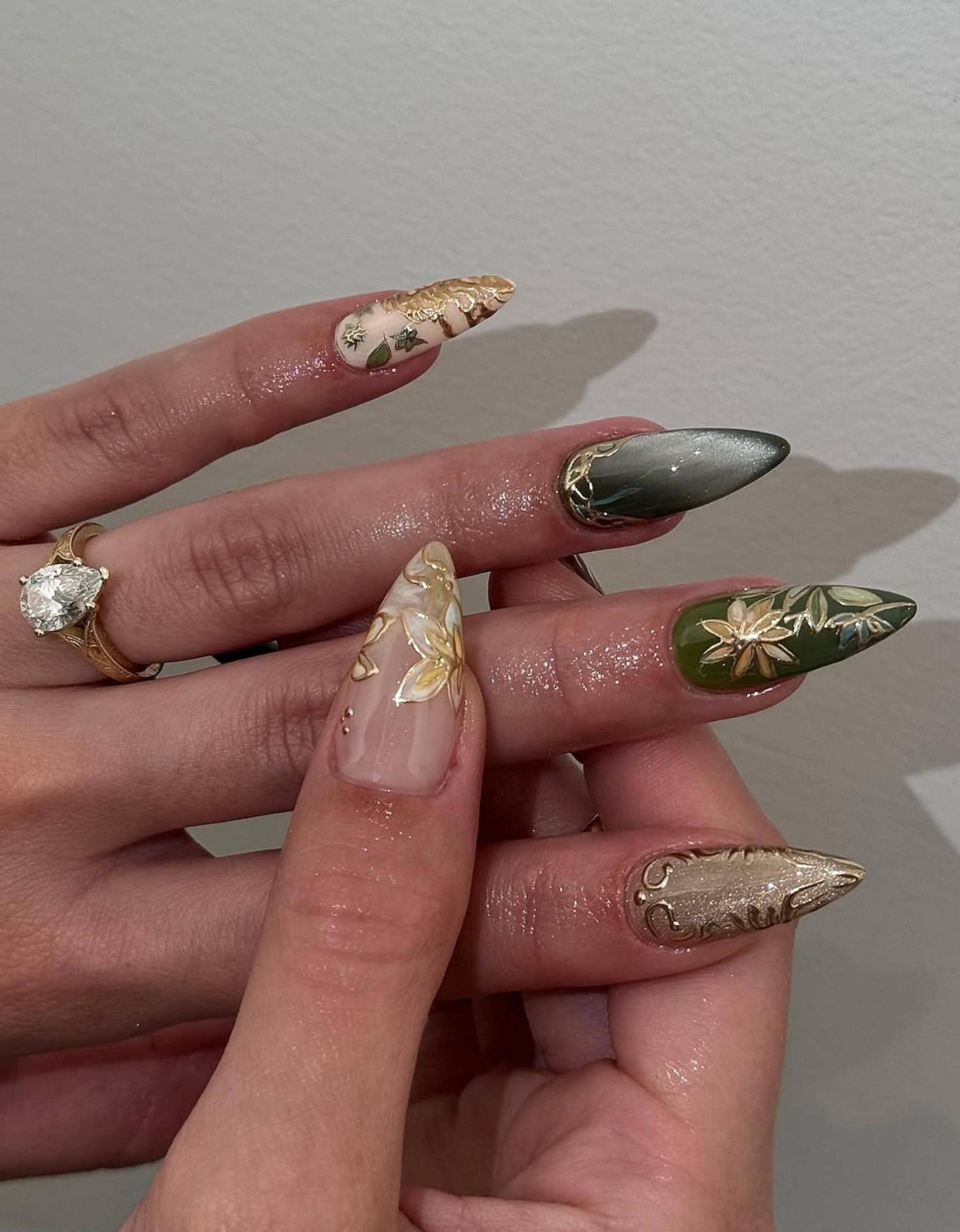 Olive Garden Almond Press On Nails, Olive Green & Gold