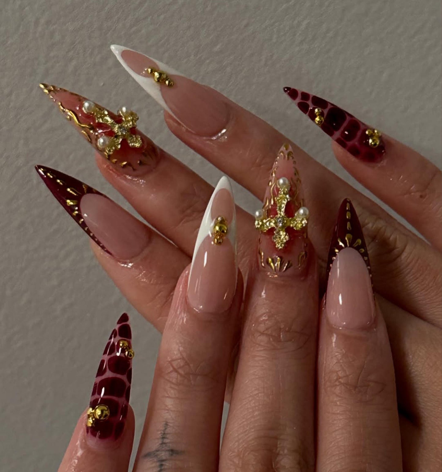 3D Royal Burgundy Cross Press On Nail Set