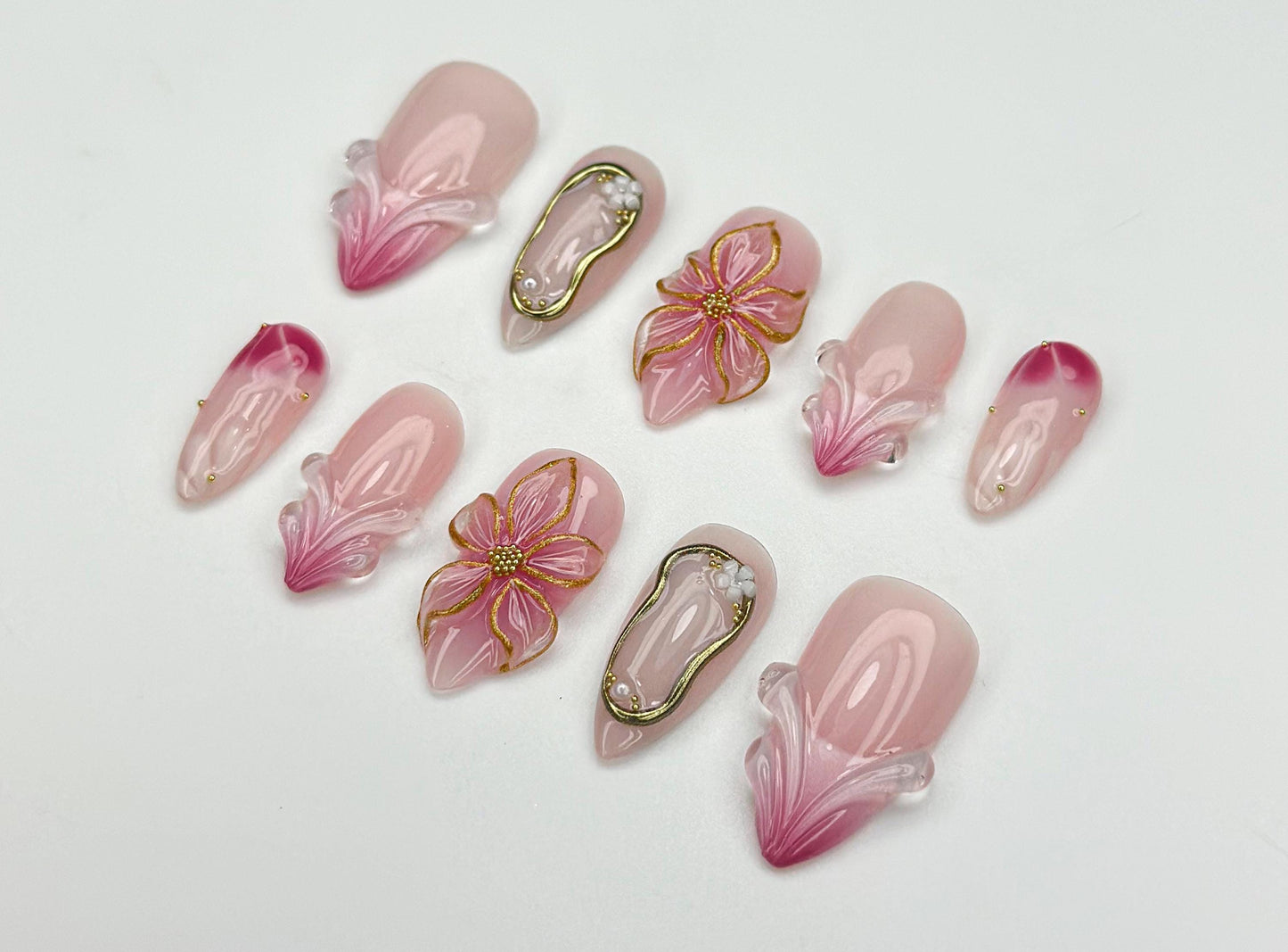 Blush Bloom Elegance Press On Nails 3D Floral Pink Fantasy Set