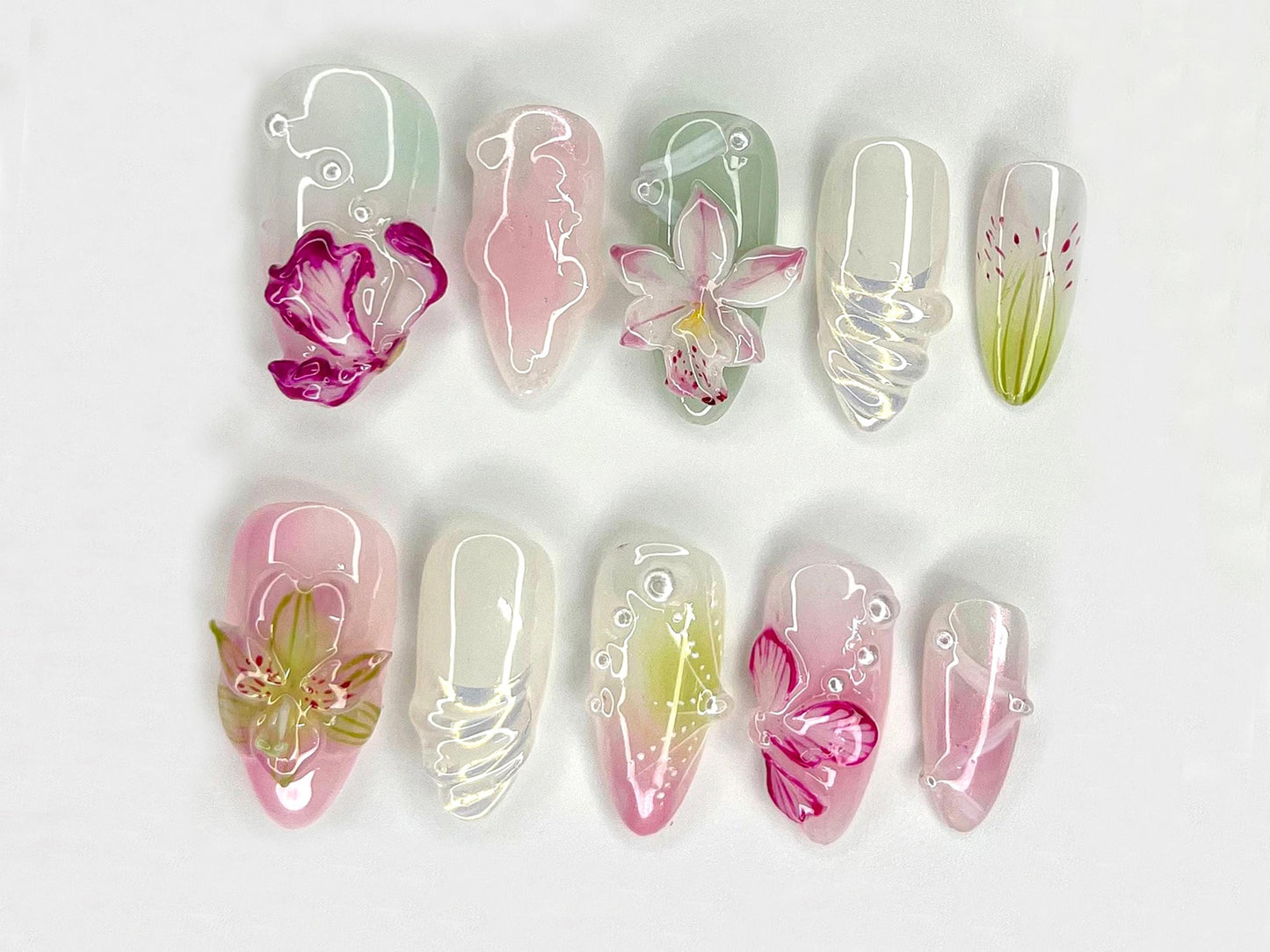 Elegant 3D Floral Press-On Nails, Pink Glow Set