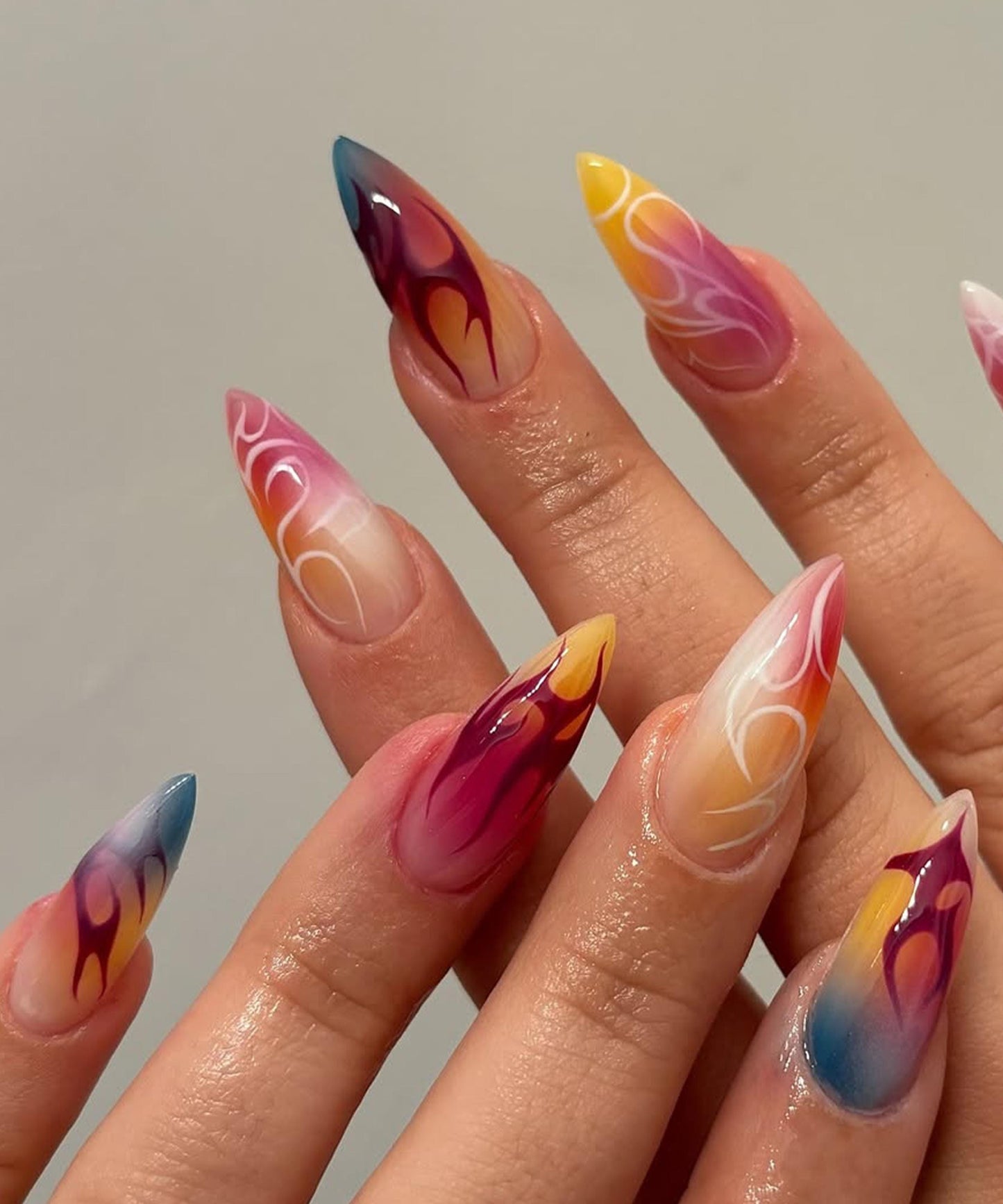 Rainbow Ombre Flame Press-On Nails with Fiery Charm