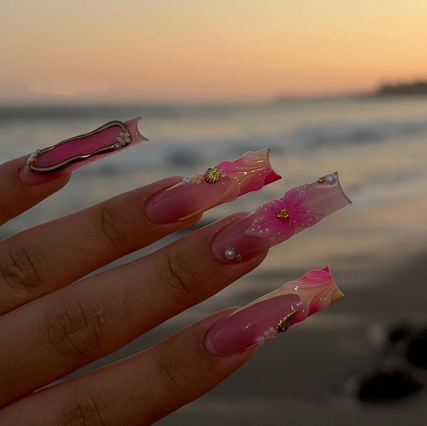 Sunset Bloom Press On Nails - Tropical Sunset Floral Press On Nails