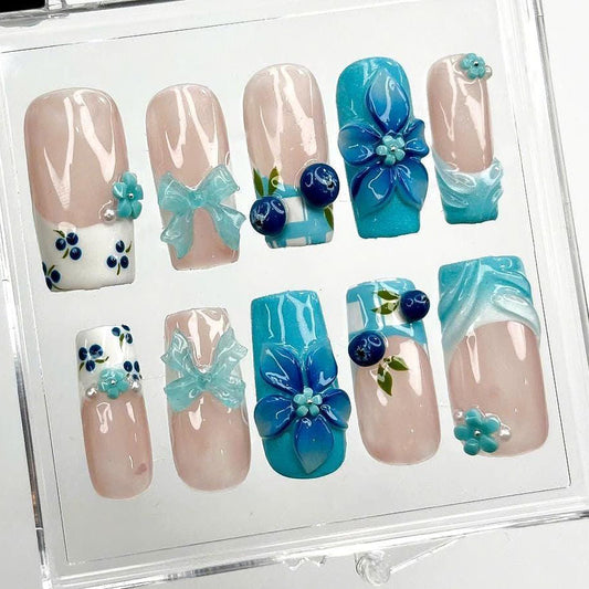 3D Blue Flower Press On Nails