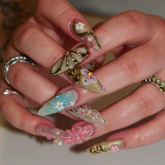 3D Floral Fantasy Press-On Nails with Enchanted Charm.