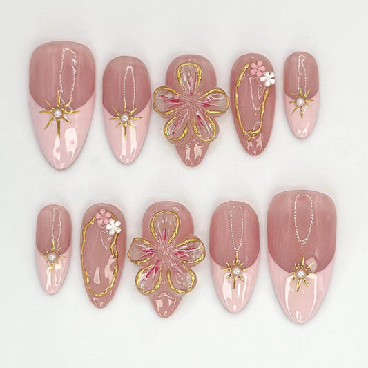 3D Floral Pink Pearl Press On Nails