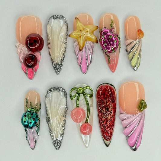 3D Fruit, Insect, and Abstract Art Design Handmade Press-On Nails