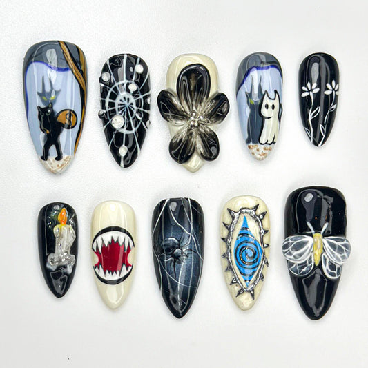 3D Gothic Cat Spider Web Nail Set