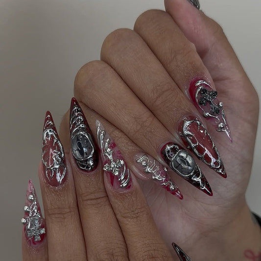 3D Gothic Silver Cross and Cameo Design Handmade Press-On Nails