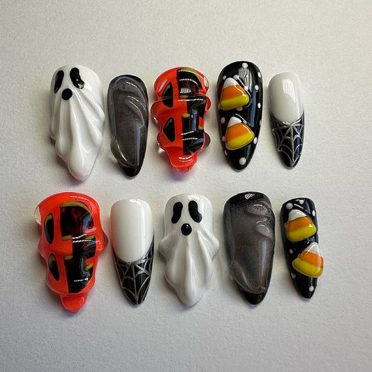 3D Halloween Press-On Nails with Ghosts, Candy Corn, and Web Designs