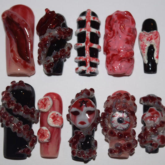 3D Horror Gore Press-On Nails with Tentacles, Eye, and Bone Art