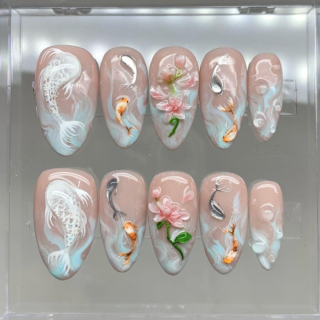 3D Koi Pond Blossom Press On Nail Set