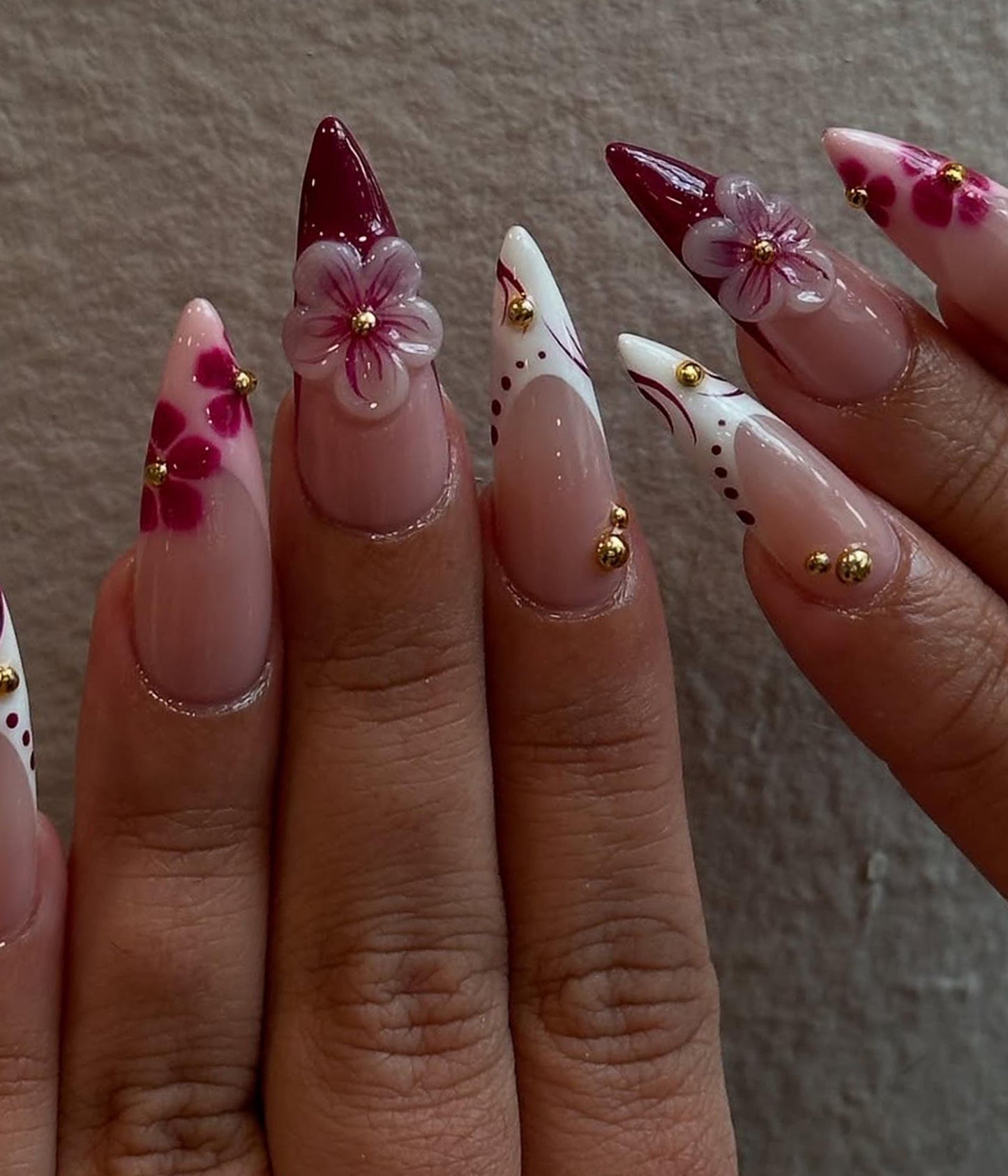 3D Pink Flower Press-On Nails with Pearl Accents.