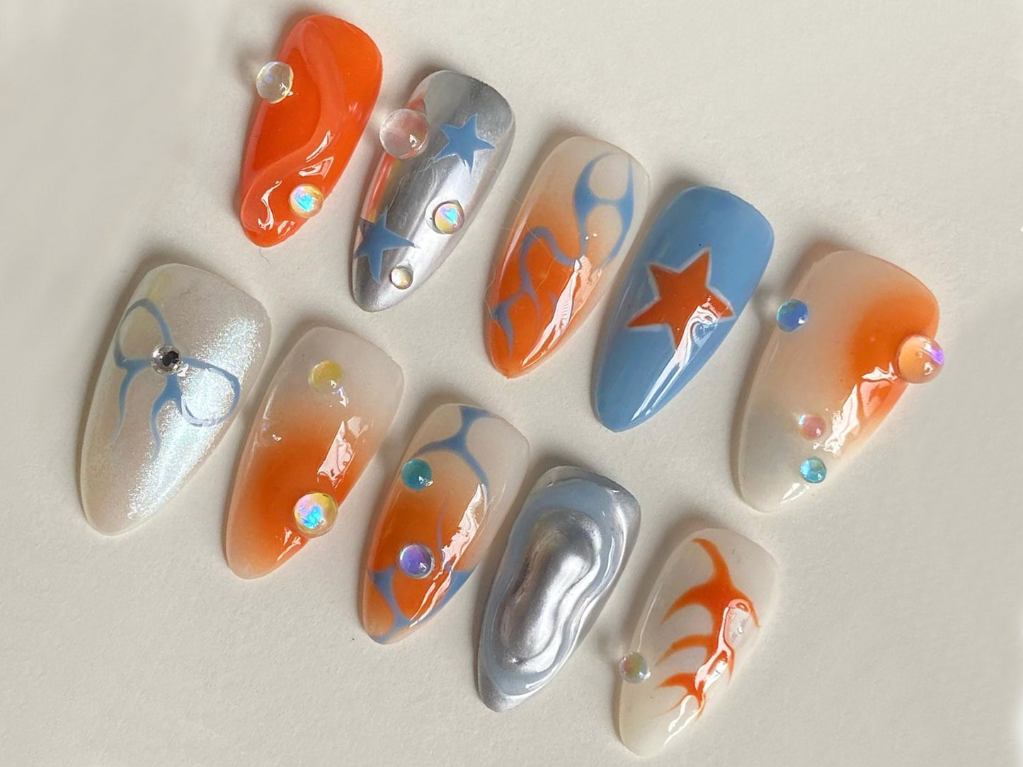 Retro Fire Star Flame Chrome Press On Nails Set