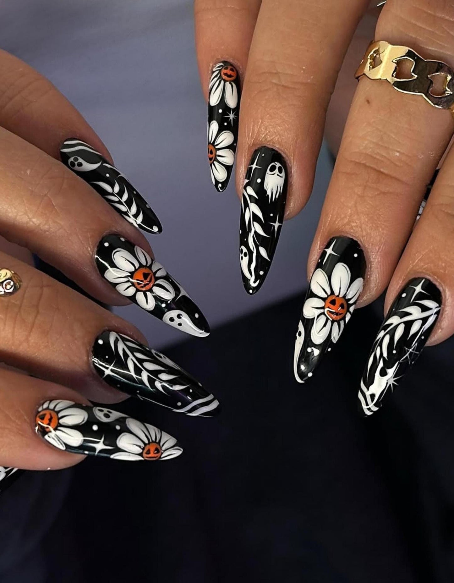 Halloween Gothic Floral Press-On Nails with Pumpkins and Ghost Details