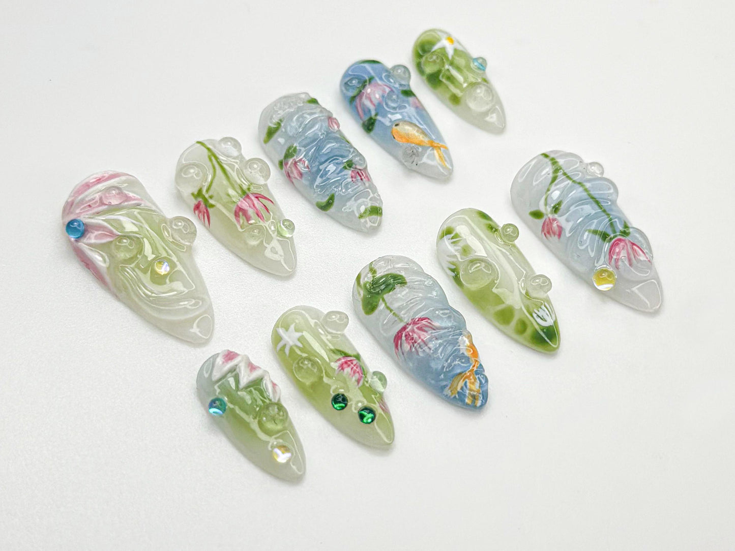 Stunning 3D Floral Fish Press-On Nails